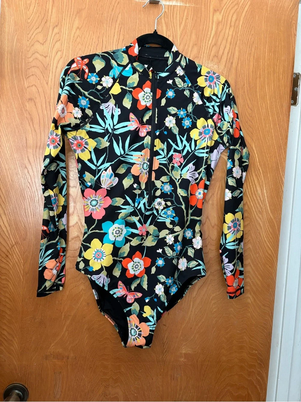 J. Crew Black Floral Long-Sleeve Rash guard One-Piece Swimsuit 8